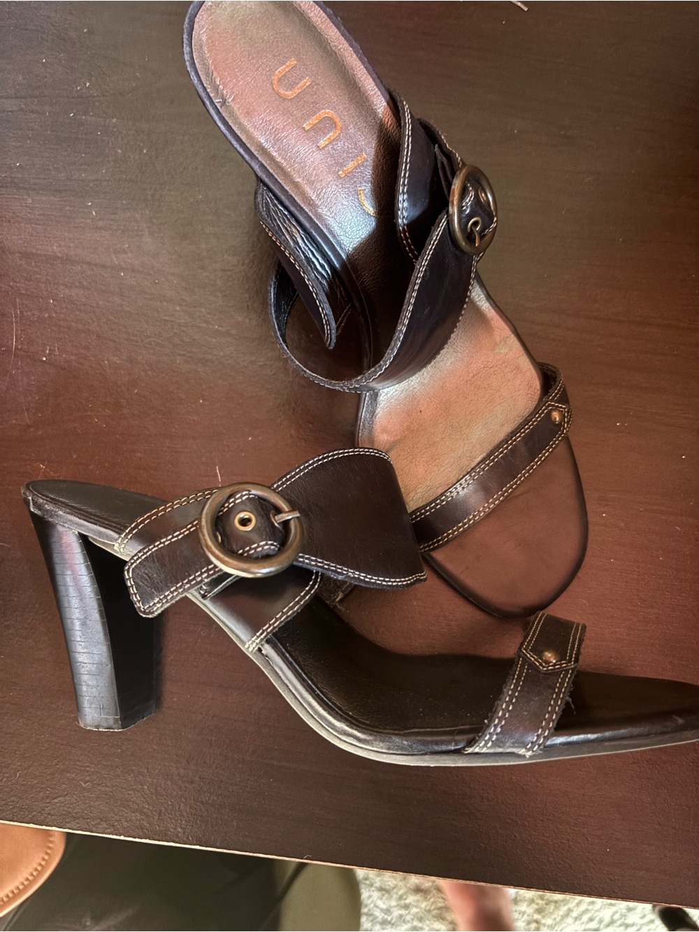 Unisa Dark Brown Leather Buckle Block Heel Sandals